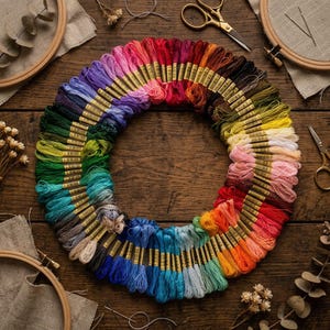 May include: A circular arrangement of numerous embroidery floss skeins in a full spectrum of colors, each featuring a paper label. The collection is surrounded by wooden embroidery hoops, metal scissors, and dried botanical elements.