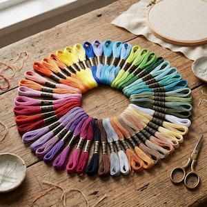 May include: A circular arrangement of multi-colored embroidery floss skeins, each secured with a black paper label. The collection features a full spectrum of hues including reds, oranges, yellows, greens, blues, purples, and neutrals.