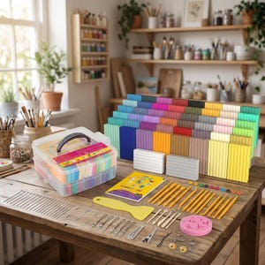 May include: A large set of rectangular polymer clay blocks in various colours, a clear plastic storage case with a handle, a yellow plastic scraper, numerous yellow sculpting tools, metal jewellery findings, a pink silicone mould, and a small instruction booklet.