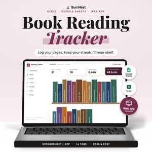 May include: A digital book reading tracker displayed on a laptop screen, featuring a virtual bookshelf with colorful book spines, reading statistics, and icons for Google Sheets, Excel, and a web app. The interface includes text labels like Book Reading Tracker, 49.6 cm, and Spreadsheet + App.