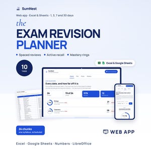 Peut inclure: Le planificateur de révision d'examen SumNest est un outil numérique pour Excel et Google Sheets avec des révisions espacées, rappel actif et anneaux de maîtrise. Il inclut une interface web, 10 onglets, 24 sections de programme et une compatibilité avec Excel, Google Sheets, Numbers et LibreOffice.