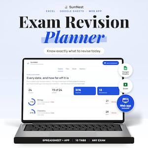 Könnte beinhalten: Ein Laptop-Bildschirm zeigt die Benutzeroberfläche des SumNest Exam Revision Planner mit Fortschrittsbalken, Fächerlisten für Biologie und Chemie sowie Countdowns. Kreisförmige Symbole für Google Sheets, Excel und eine Web-App sind rechts.