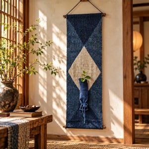 May include: A vertical wall hanging featuring a textured indigo blue fabric with a large central diamond shape in natural beige. A small, matching indigo blue fabric pouch is attached to the centre, holding a single green leafy plant stem.