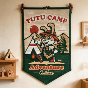 May include: A rectangular fabric wall hanging with a pointed bottom edge, featuring a cartoon rabbit wearing a hat and vest. The design includes the text TUTU CAMP and Adventure Outdoor, a tent, a campfire, and mountains in red, green, and cream.