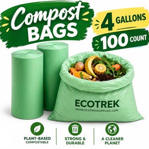 May include: Two rolls of light green compost bags and one open bag filled with food scraps. The text reads Compost Bags, 4 Gallons, 100 Count, and Ecotrek. Icons indicate plant-based, compostable, strong, durable, and a cleaner planet.