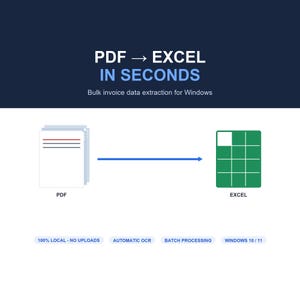 May include: A digital graphic displaying PDF to EXCEL IN SECONDS with text for bulk invoice data extraction for Windows. It features a stack of PDF document icons, a blue arrow, and a green spreadsheet grid, plus labels for local processing.