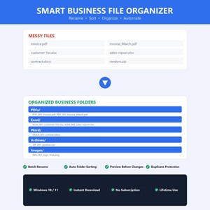 Puede incluir: Un gráfico digital para un organizador de archivos de negocios que muestra la transición de archivos desordenados a carpetas organizadas. Incluye secciones para PDF, Excel, Word, archivos y fotos con opciones de renombrado y clasificación.
