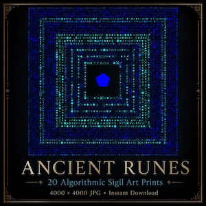 Puede incluir: Una impresión de arte digital con un pentágono azul central rodeado por bordes cuadrados concéntricos compuestos por varios símbolos geométricos y runas pequeñas en azul y cian. El texto ANCIENT RUNES, 20 Algorithmic Sigil Art Prints, 4000 x 4000 JPG, Instant Download aparece debajo del gráfico.