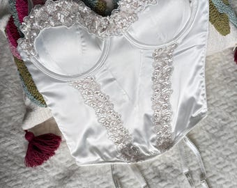 Corset de noiva vintage JJ Benson cor marfim, bustiê de casamento dos anos 80 com alças de liga, tamanho EUA 36B, UE 80B, top modelador com corpete de renda Coquette.