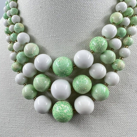 Japan Three Strand Necklace Chunky Bead GREEN & W… - image 3