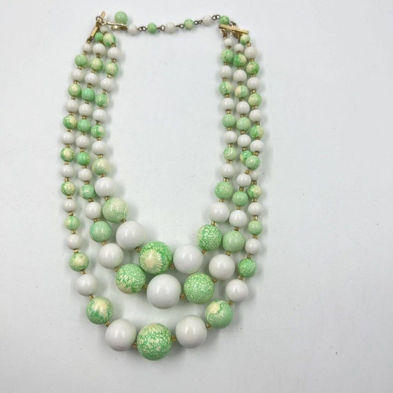 Japan Three Strand Necklace Chunky Bead GREEN & W… - image 5