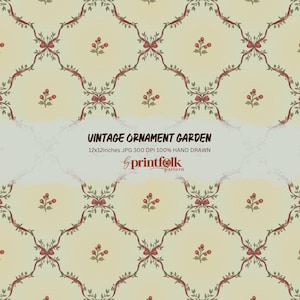 May include: A repeating pattern featuring a light cream background with a grid of thin, dark red intertwined vines and small red berries. Text in the centre reads: VINTAGE ORNAMENT GARDEN, 12x12inches JPG 300 DPI 100% HAND DRAWN, by printfolk pattern.