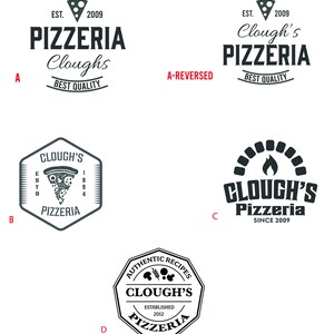 May include: Collection of pizzeria logos in black and white. Designs include text such as "Pizzeria Cloughs", "Best Quality", and "Authentic Recipes". Some logos feature a pizza slice or a pizza oven.