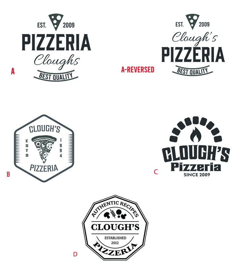 May include: Collection of pizzeria logos in black and white. Designs include text such as "Pizzeria Cloughs", "Best Quality", and "Authentic Recipes". Some logos feature a pizza slice or a pizza oven.