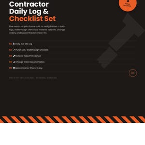 Könnte beinhalten: Ein schwarzes und oranges Dokument für ein tägliches Protokoll und eine Checkliste für Bauunternehmer. Es listet fünf Formulare auf: Daily Job Site Log, Punch List/Walkthrough Checklist, Material Takeoff Worksheet, Change Order Documentation und Subcontractor Check-In Log.