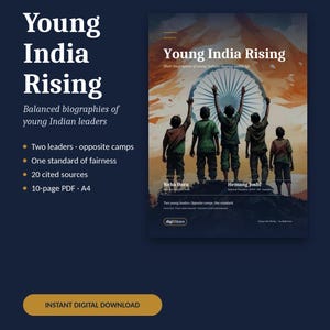 Puede incluir: Una portada de libro digital titulada Young India Rising que muestra a cinco personas de espaldas, con los brazos levantados hacia un gran emblema circular contra un cielo naranja y azul oscuro. El texto incluye Edition 02, Short biographies of young Indians shaping public life, Neha Bora, Hemang Joshi y digi8Store.