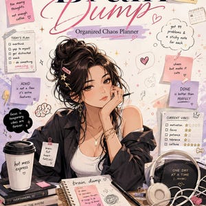 May include: A Brain Dump Organized Chaos Planner featuring an anime-style illustration of a person with dark hair in a bun, surrounded by sticky notes with text, a coffee cup labeled hot mess express, stacked books, and headphones on a desk.