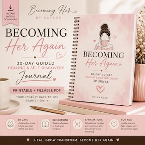 May include: A spiral-bound journal titled Becoming Her Again with a soft pink watercolor cover featuring a line art illustration of a person holding a mug. The text includes 30-Day Guided Healing & Self-Discovery Journal by Kaycee. Includes a gold pen.