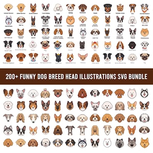 May include: A digital collection of over 200 colourful dog breed head illustrations arranged in a grid, featuring various canine faces with labels underneath each icon. The text 200+ FUNNY DOG BREED HEAD ILLUSTRATIONS SVG BUNDLE is centred.