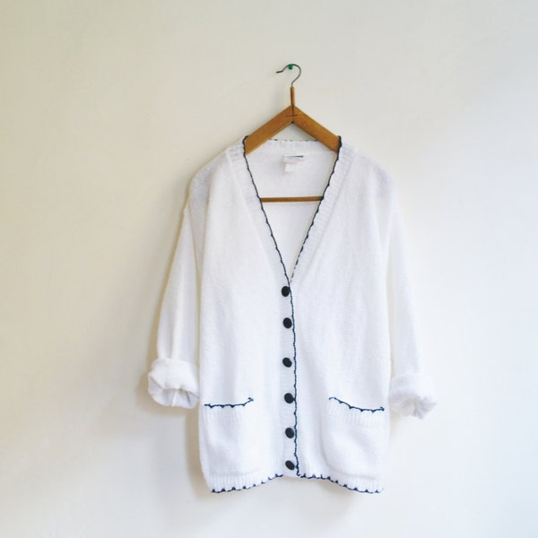 Vintage white and navy blue cardigan with retro 60's buttons