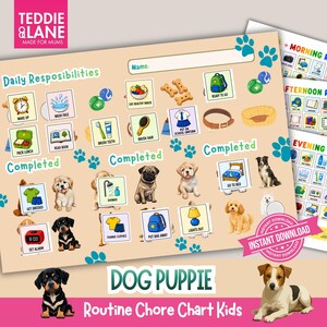 Peut inclure: Un tableau de tâches beige pour enfants intitulé Daily Responsibilities avec un thème de chiots. Il présente diverses icônes pour des tâches comme se brosser les dents, préparer le déjeuner et s'habiller, avec des illustrations de chiens.