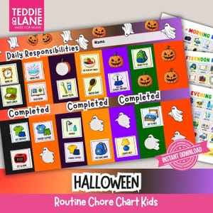 Tableau des tâches pour enfants à imprimer pour Halloween, emploi du temps visuel matin, après-midi et soir, cartes de tâches ménagères, téléchargement numérique