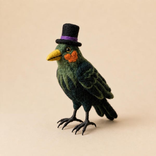 Needle Felted Crow Figurine with Top Hat, Halloween Raven Statue, Gothic Bird Decor, Gentleman Raven Sculpture, Made to Order Halloween Gift