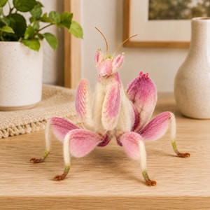 May include: A needle-felted orchid mantis sculpture crafted from soft wool fibers. The insect figure features a gradient of cream and vibrant pink hues, with delicate antennae, folded forelegs, and a rounded abdomen, standing on six thin legs.