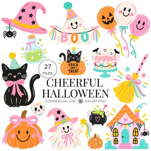 Può includere: Una collezione digitale di 27 illustrazioni a tema Halloween che include un cappello da strega rosa, un fantasma con uno striscione BOO, palloncini, un gatto nero in una zucca, una torta, una scopa, una pozione, un teschio e una casa.