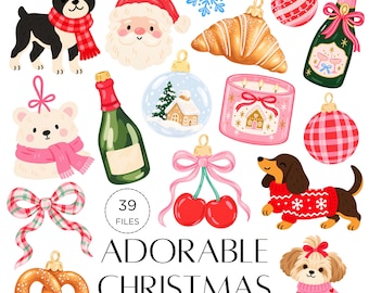 May include: A collection of Christmas-themed digital illustrations featuring a French bulldog, Santa Claus, a croissant, champagne bottles, a snow globe, a candle, cherries, a dachshund, a pretzel, and a shih tzu with the text ADORABLE CHRISTMAS.