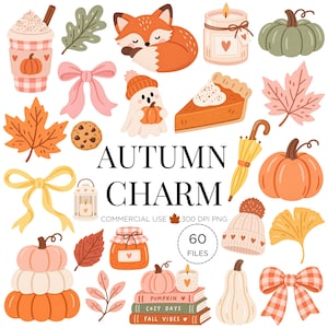 May include: A digital collection of autumn-themed illustrations featuring a sleeping fox, pumpkins, leaves, a ghost, a pie slice, a coffee cup, bows, a candle, a jar, a beanie, and books with the text AUTUMN CHARM COMMERCIAL USE 300 DPI PNG 60 FILES.