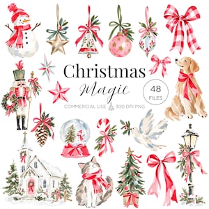 May include: A digital collection of watercolor Christmas illustrations featuring a snowman, nutcracker, golden retriever, cat, church, ornaments, bows, and a candy cane. The text reads Christmas Magic, 48 FILES, COMMERCIAL USE, 300 DPI PNG.