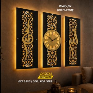 May include: A three-piece wall art set featuring black rectangular panels with gold-colored intricate geometric cutouts and Arabic calligraphy. The center panel includes a circular clock face with Roman numerals. Text reads Ready for Laser Cutting.