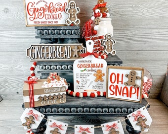 Gingerbread Tiered Tray Decor: Christmas Farmhouse Signs