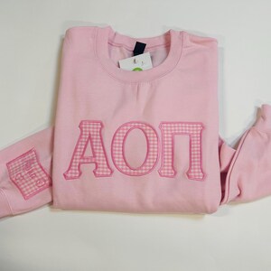May include: A light pink sweatshirt with the Greek letters A, O, and Π appliqued on the front in a pink gingham pattern. The sweatshirt has a crew neck and long sleeves. A small tag is attached near the neckline.