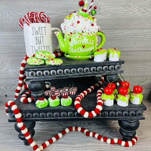 Christmas Hot Cocoa Teapot, grinchmas tiered tray, TeaPot, hot cocoa Decor, Christmas Decor, Peppermint, farmhouse christmas, whoville treat