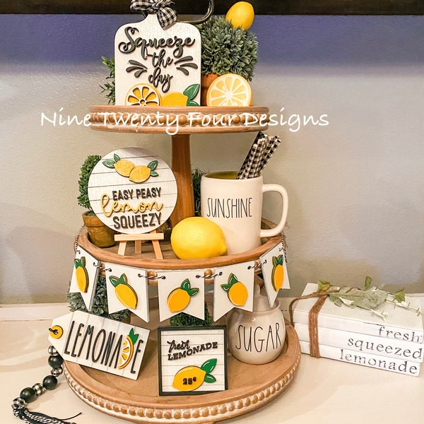 Lemon tiered tray decor, lemon signs, lemon decor