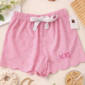 AOII Embroidered Pink Seersucker Shorts - Greek Apparel