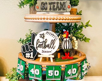 Football Tiered Tray Decor Set: Team Colors, Handmade Signs