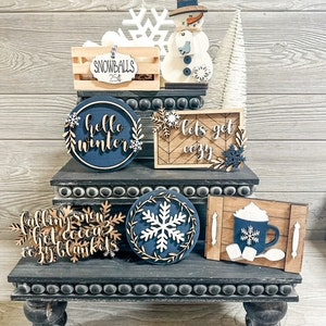 Winter Tiered Tray Signs: Snowflake, Snowman, Cocoa Decor