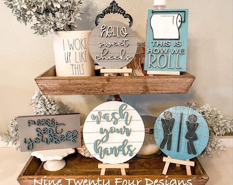 Bathroom Tiered Tray Signs: Laser Cut Wood Decor. Tray not included