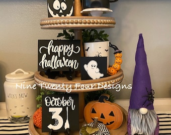 Black white Halloween sign set, halloween set, halloween tiered tray signs, 3D signs, witch gnome