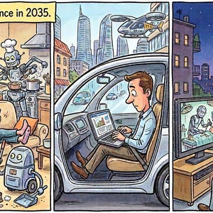 Peut inclure: Une bande dessinée en trois panneaux intitulée Artificial Intelligence in 2035. Le premier panneau montre des robots effectuant des tâches ménagères. Le deuxième montre une personne utilisant un ordinateur portable dans une voiture avec un drone au-dessus. Le troisième montre un médecin jouant à un jeu vidéo pendant qu'un robot opère sur un écran.