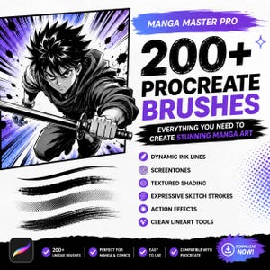 May include: A digital product advertisement for Manga Master Pro featuring 200+ Procreate brushes. The graphic displays a black and white manga character holding a sword, brush stroke samples, and a list of features including ink lines and screentones.