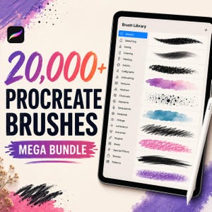 Könnte beinhalten: Ein digitales Tablet zeigt ein Procreate-Pinselbibliotheksmenü mit verschiedenen Strichproben in Schwarz, Blau, Pink und Lila. Der Text 20,000+ PROCREATE BRUSHES MEGA BUNDLE steht in großer, fetter Schrift neben dem Tablet und einem weißen Eingabestift.