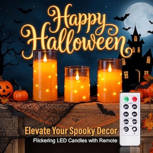 May include: Three cylindrical glass pillar candles with orange wax and warm white LED fairy lights wrapped around them. The candles feature a flickering flame effect and are accompanied by a white remote control with various timer and mode settings.