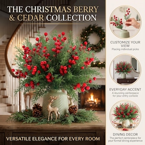 May include: A Christmas berry and cedar collection featuring a green vase with a chevron pattern, a gold reindeer figurine, pinecones, and faux cedar branches adorned with bright red berries. The display includes text labels and circular insets.