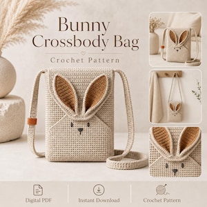 Puede incluir: Un bolso bandolera de ganchillo beige con diseño de cara de conejo, dos orejas erguidas, detalles interiores marrones y una nariz bordada oscura. El bolso tiene una correa larga y se presenta como un patrón de ganchillo en PDF descargable.