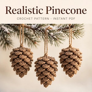 May include: Three crocheted pinecone ornaments in light brown yarn, each hanging from a jute twine loop. The text reads: Realistic Pinecone CROCHET PATTERN - INSTANT PDF. The ornaments are suspended from a snow-dusted evergreen branch.