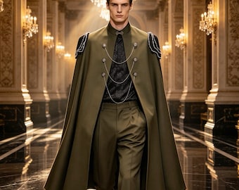 Può includere: Una mantella verde oliva con dettagli neri sulle spalle e catenelle argentate, indossata sopra una camicia nera a motivi e pantaloni verde oliva abbinati. La mantella presenta un colletto alto e bottoni argentati per un aspetto formale.
